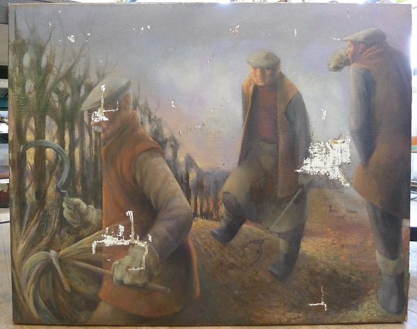 Michael Ayrton ‘Hedges and Ditches’ painting after relining and filling showing paining returned to a flat condition. Low resolution image, move your mouse over the image to zoom in to higher resolution.