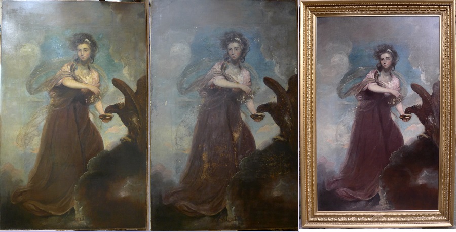 Joshua Reynolds before work, after cleaning, and after final restoration and framing. Now at home in Highclere Castle (Downton Abbey).