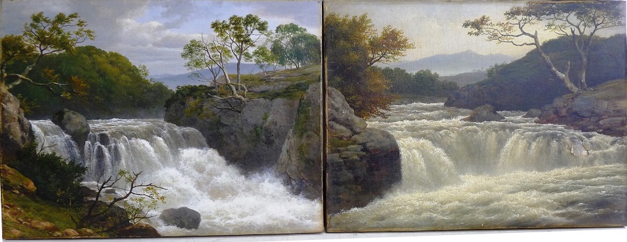 A pair of Victorian oil paintings, one cleaned the other not.