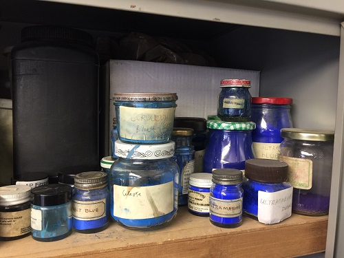 One of several cabinets full of pigments and other conservation and restoration products