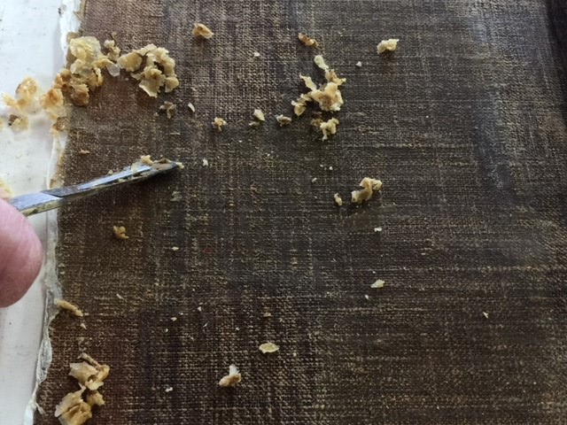 Removal of (reformed) animal glue from an old canvas